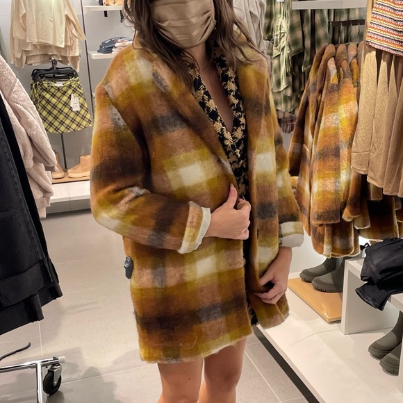 ZARA Kids PLAID JACKET Wool Blend Sz 13-14 Dress Coat Yellow Brown - Picture 2 of 2